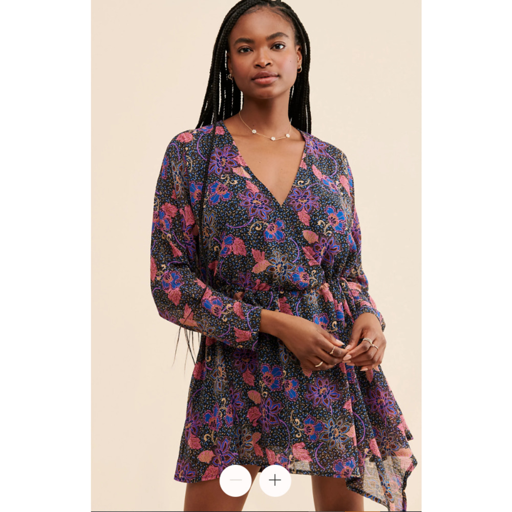 Free People Teegan Mini Dress Size Large V-neck Dark Floral Chiffon